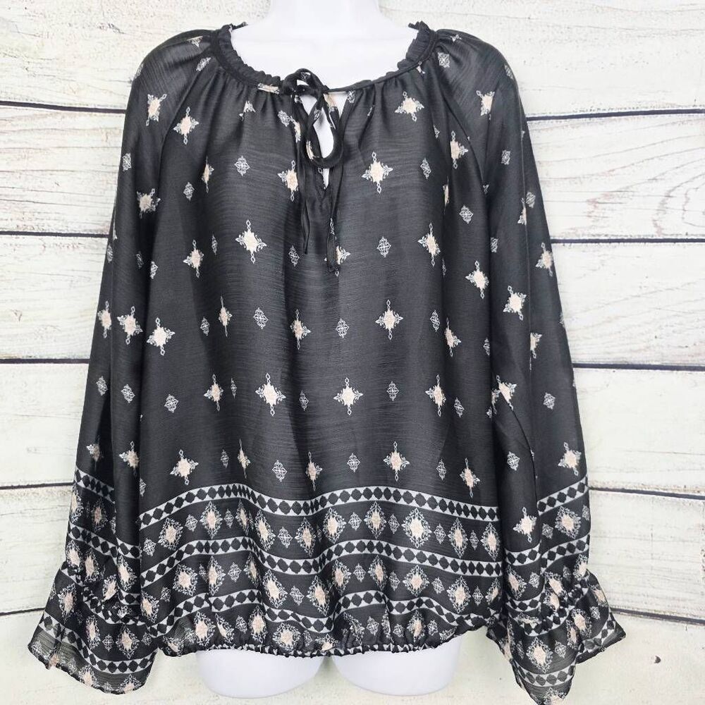 Cato Black Boho Border Print Peasant Top Medium - Picture 3 of 10